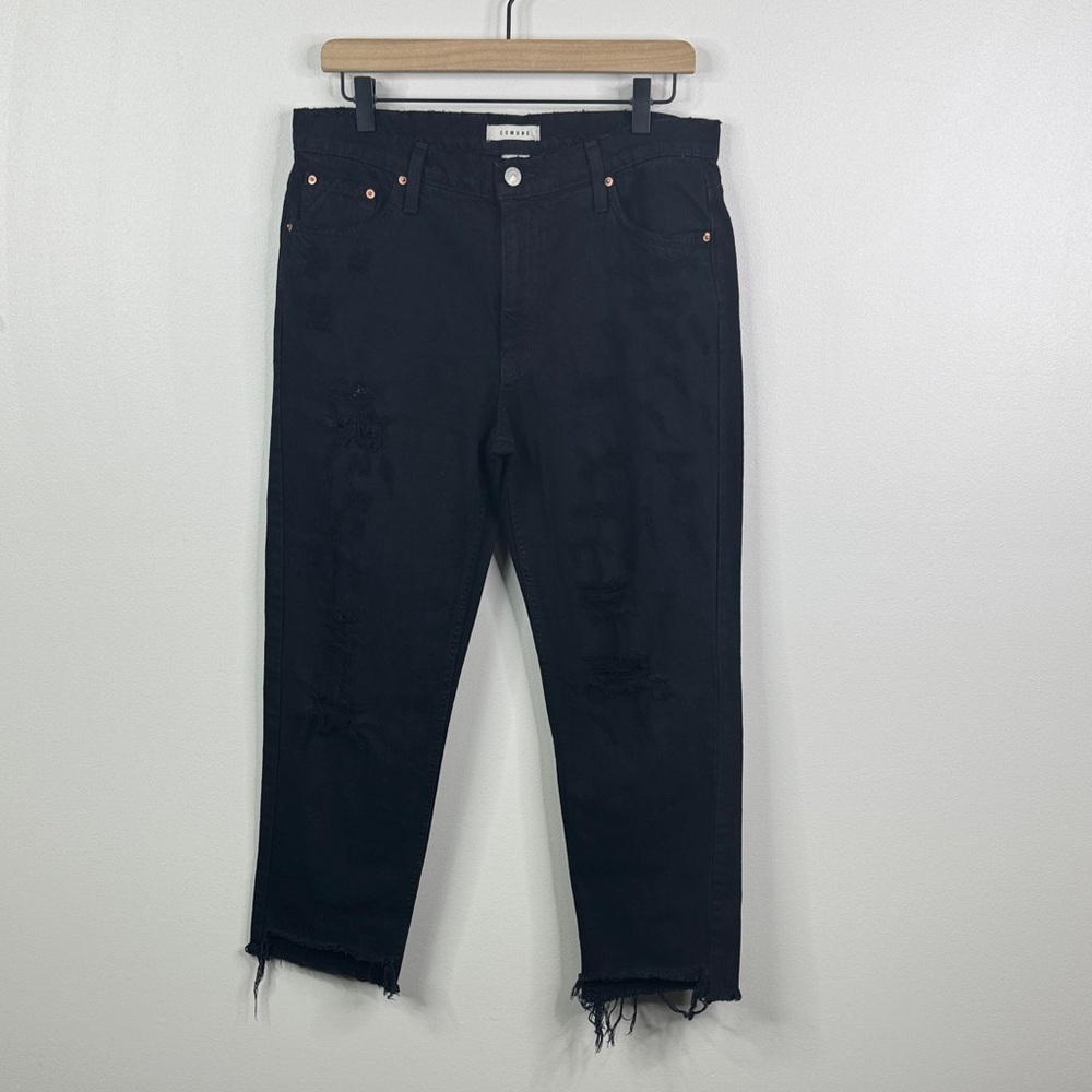 COMUNE Women's 30 Black Distressed Boyfriend Jeans Raw Hem Ripped Denim